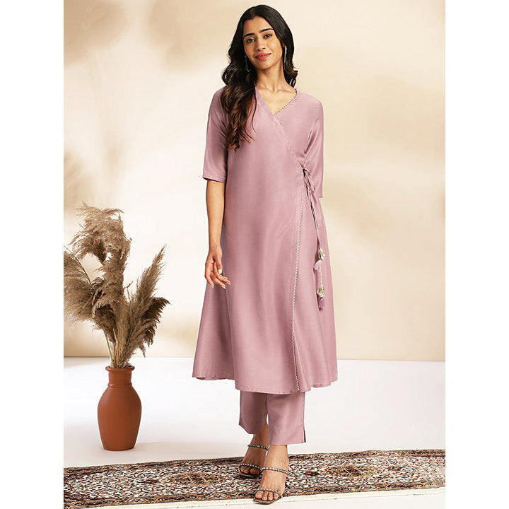 Janasya Womens Lavender Chinnon Solid Wrap Kurta with Pants (Set of 2)