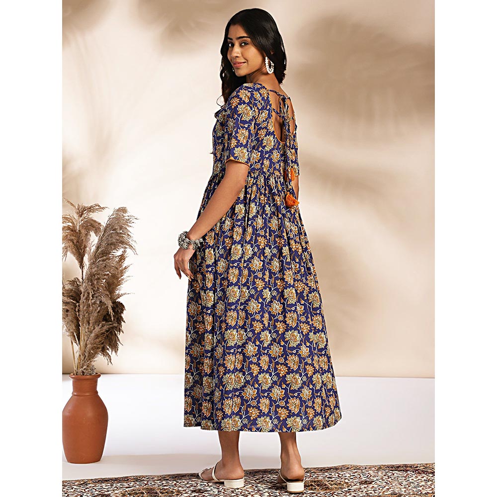 Janasya Womens Dark Blue Cotton Floral Printed Gathered Maxi Dress