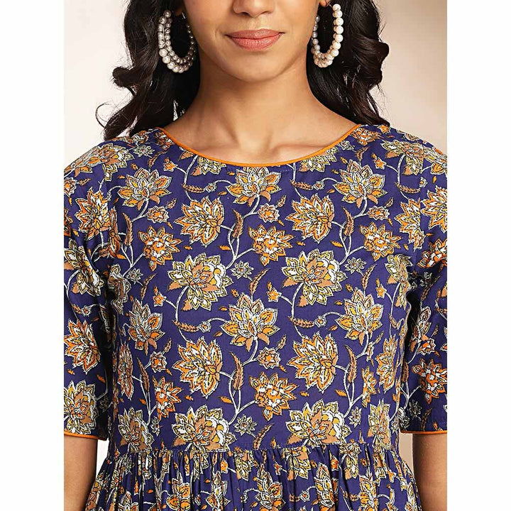 Janasya Womens Dark Blue Cotton Floral Printed Gathered Maxi Dress