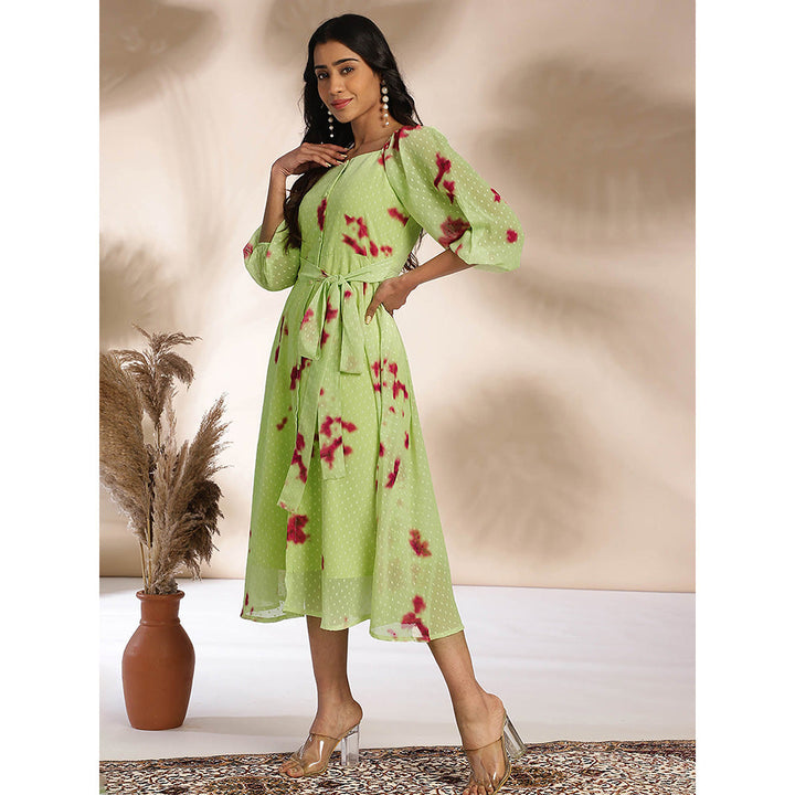 Janasya Women Light Green Dobby Georgette Tie & Dye A-Line Midi Dress