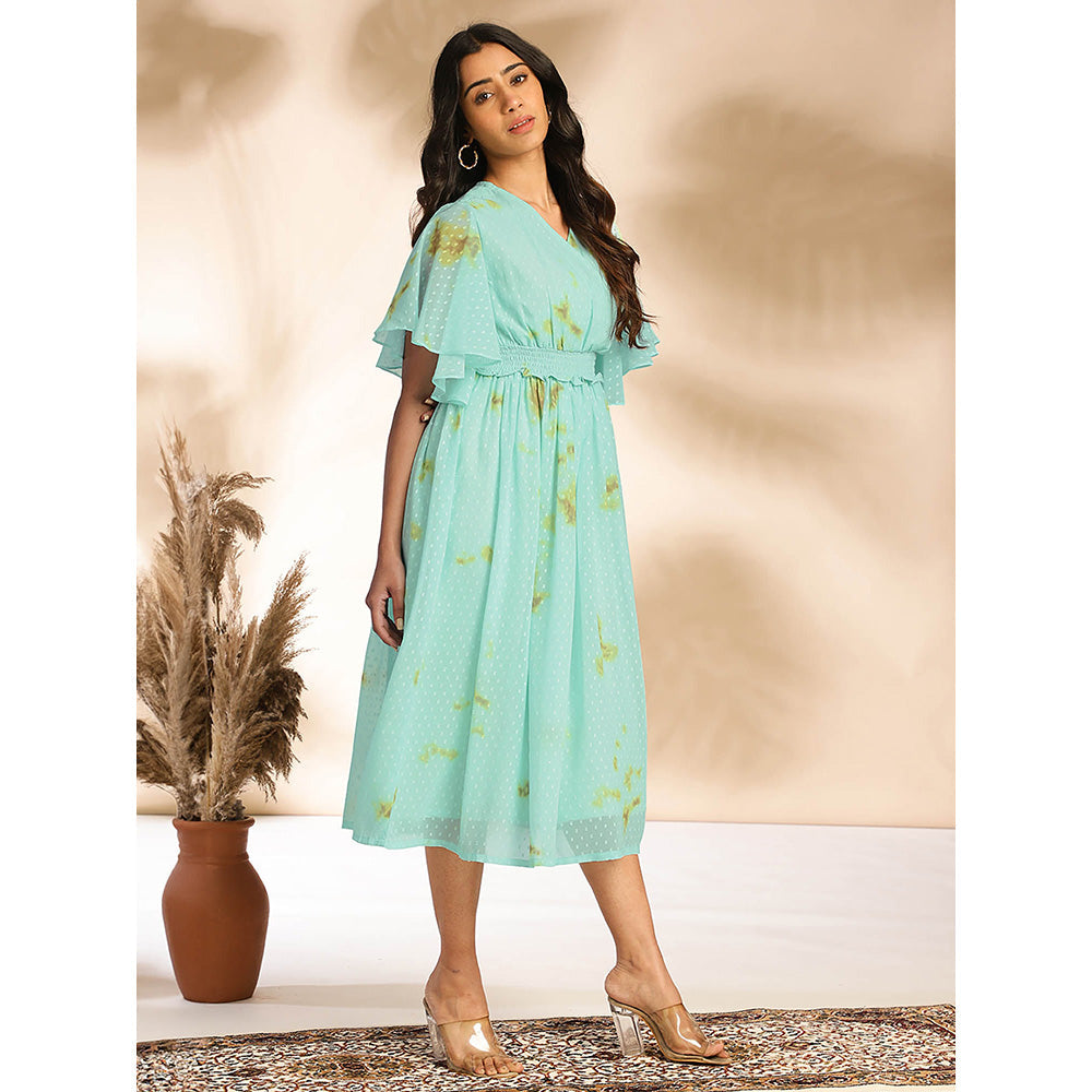 Janasya Women Sea Green Dobby Georgette Tie & Dye Fit & Flare Midi Dress