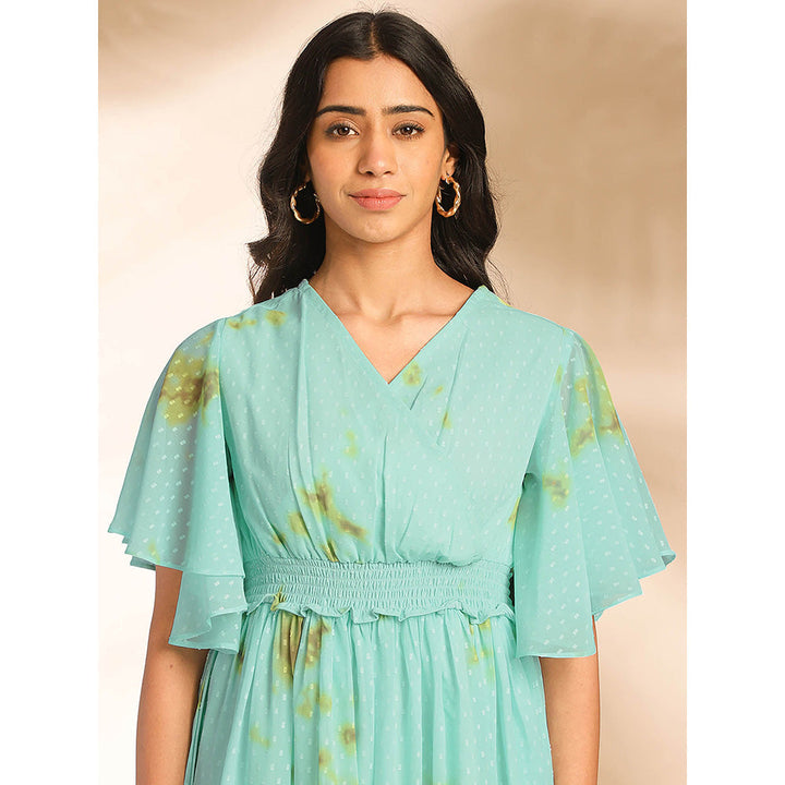 Janasya Women Sea Green Dobby Georgette Tie & Dye Fit & Flare Midi Dress