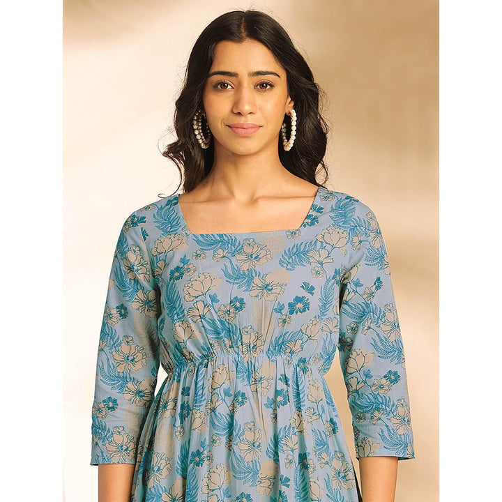 Janasya Women Light Blue Cotton Floral Fit & Flare Midi Dress