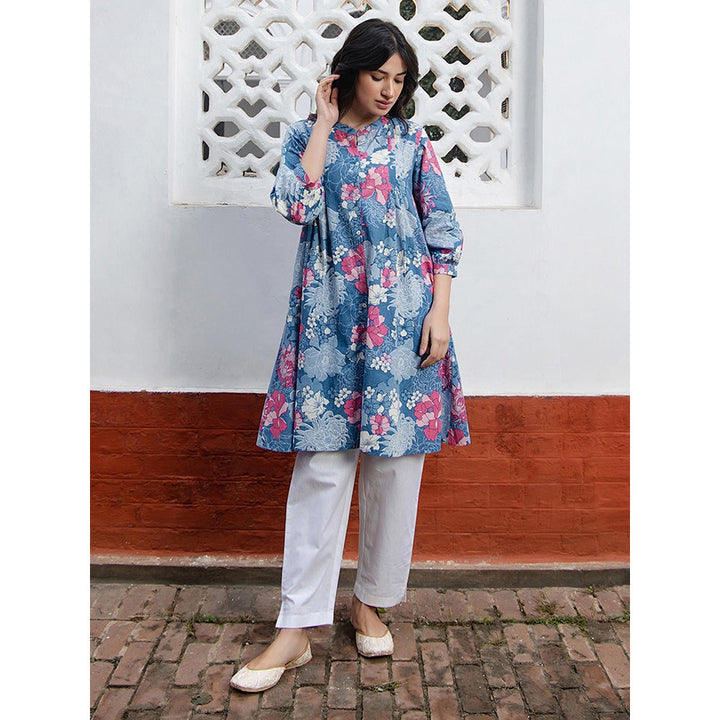 Janasya Women's Blue Cotton Floral A-Line Tunic