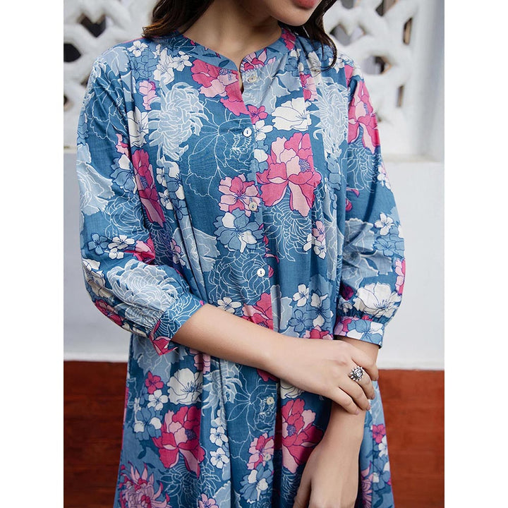 Janasya Women's Blue Cotton Floral A-Line Tunic