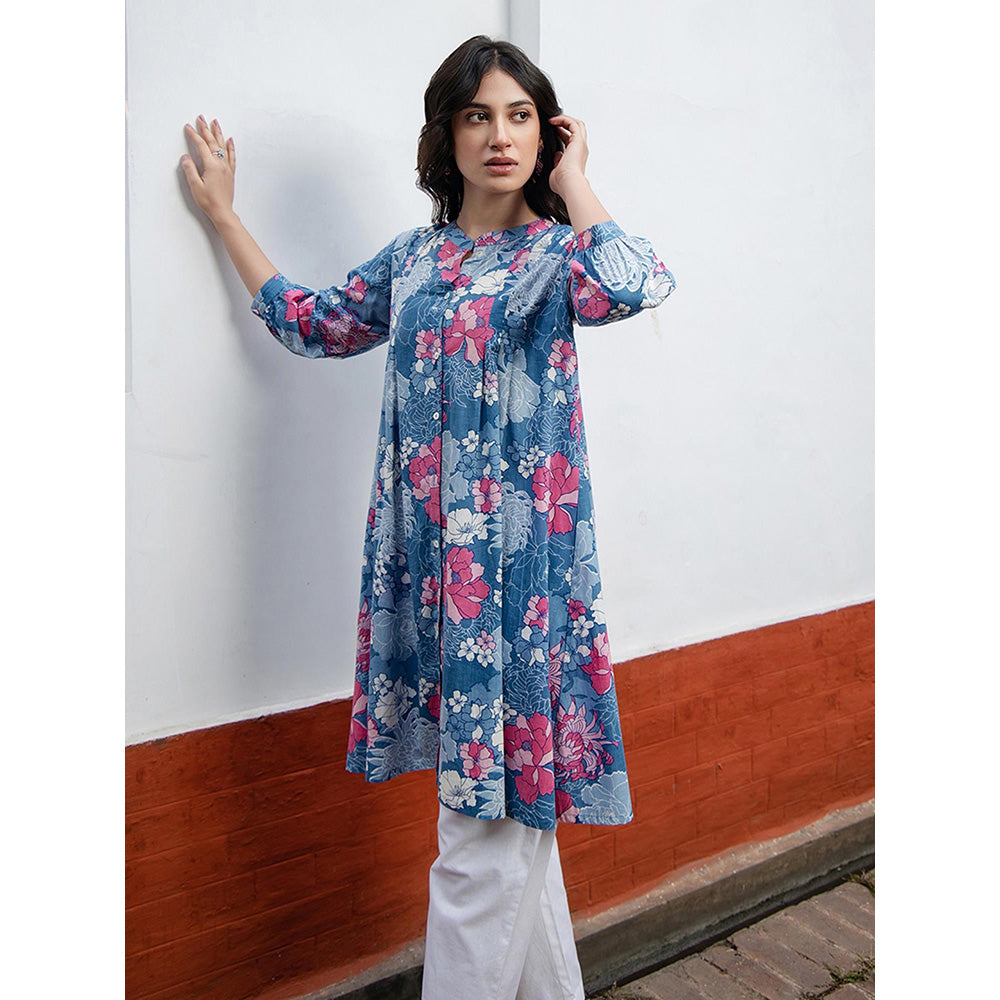 Janasya Women's Blue Cotton Floral A-Line Tunic