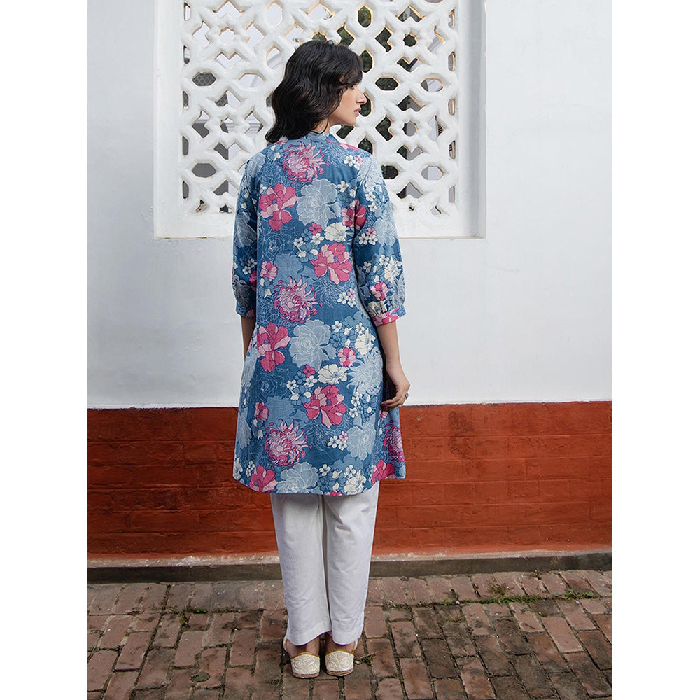 Janasya Women's Blue Cotton Floral A-Line Tunic