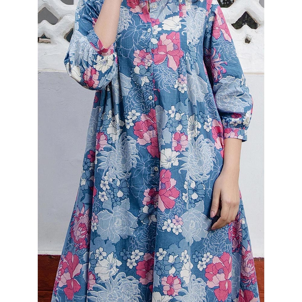 Janasya Women's Blue Cotton Floral A-Line Tunic