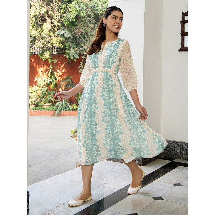 Janasya Off White Dobby Georgette Floral Flared Dress