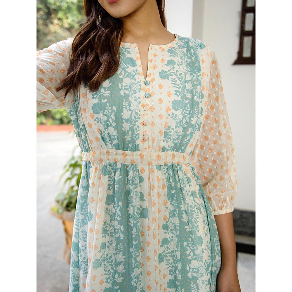 Janasya Off White Dobby Georgette Floral Flared Dress