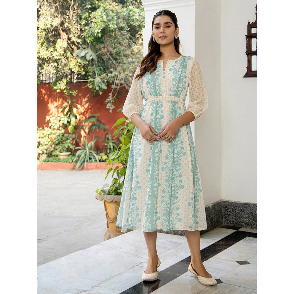 Janasya Off White Dobby Georgette Floral Flared Dress