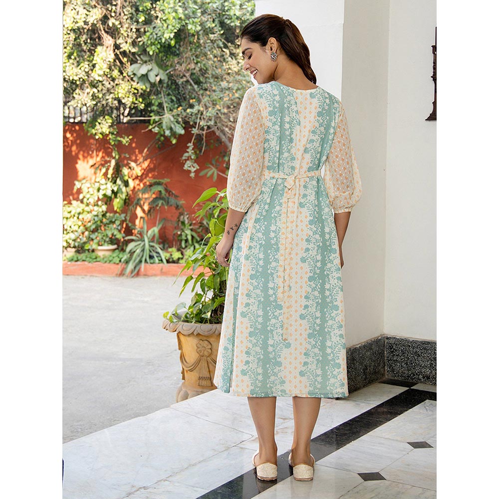 Janasya Off White Dobby Georgette Floral Flared Dress