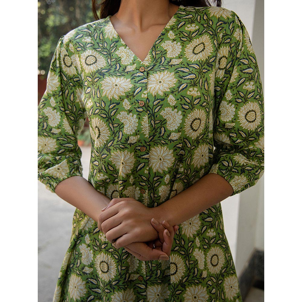 Janasya Green Cotton Floral A-Line Dress
