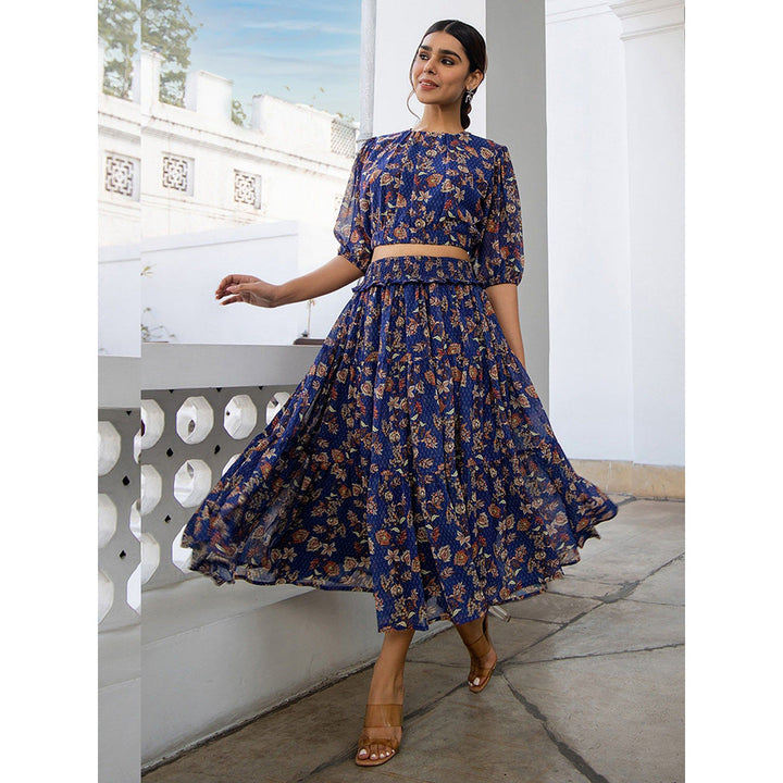 Janasya Womens Navy Blue Georgette Floral Print Co-Ord (Set of 2)