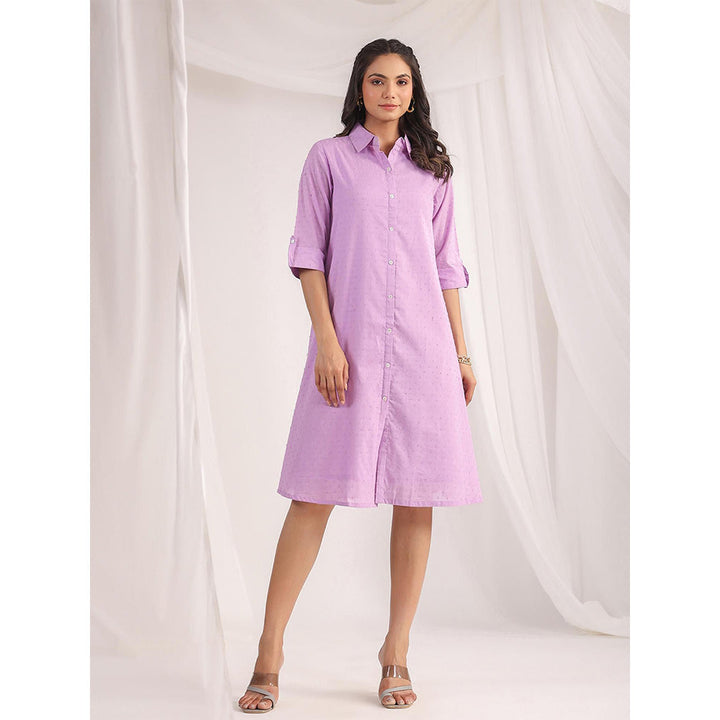 Janasya Women's Lavender Dobby Cotton Woven Design A-Line Dress
