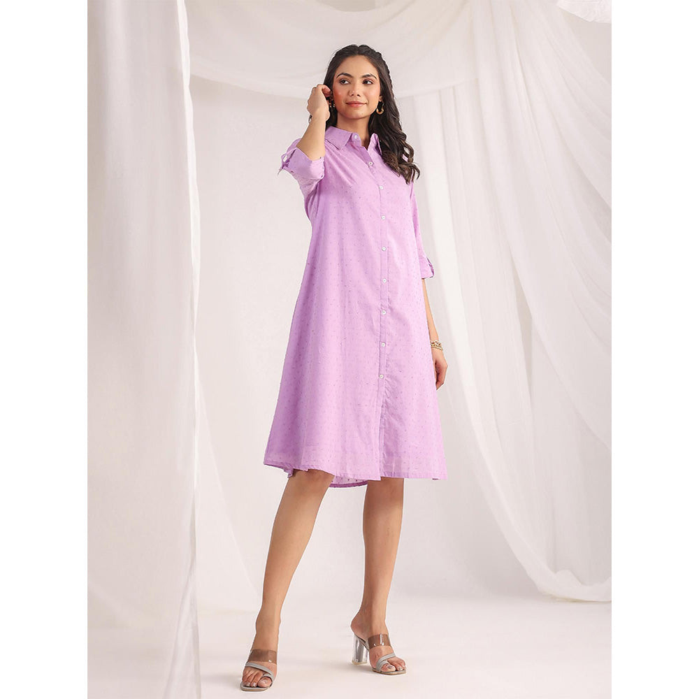 Janasya Women's Lavender Dobby Cotton Woven Design A-Line Dress