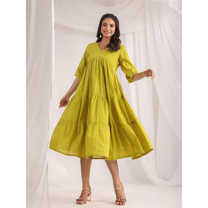 Janasya Women's Green Dobby Cotton Woven Design Tiered Dress