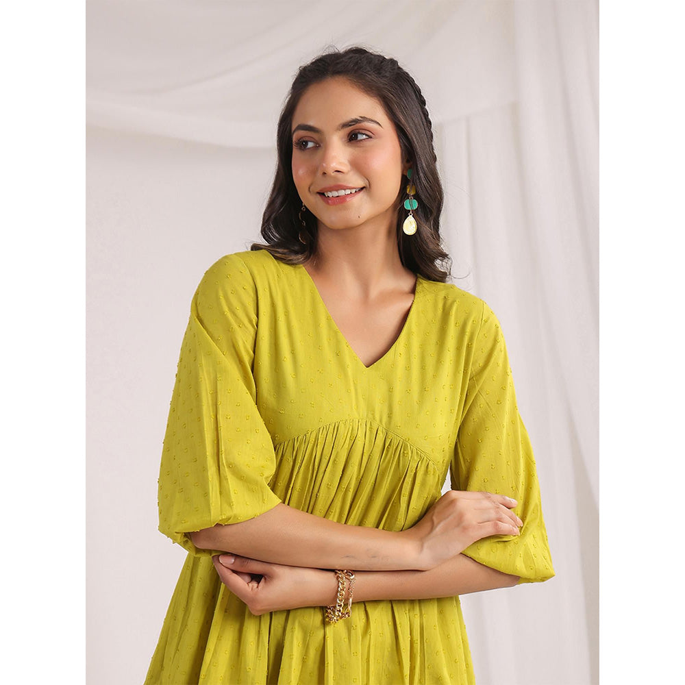 Janasya Women's Green Dobby Cotton Woven Design Tiered Dress