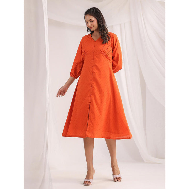 Janasya Women's Orange Dobby Cotton Woven Design A-Line Dress