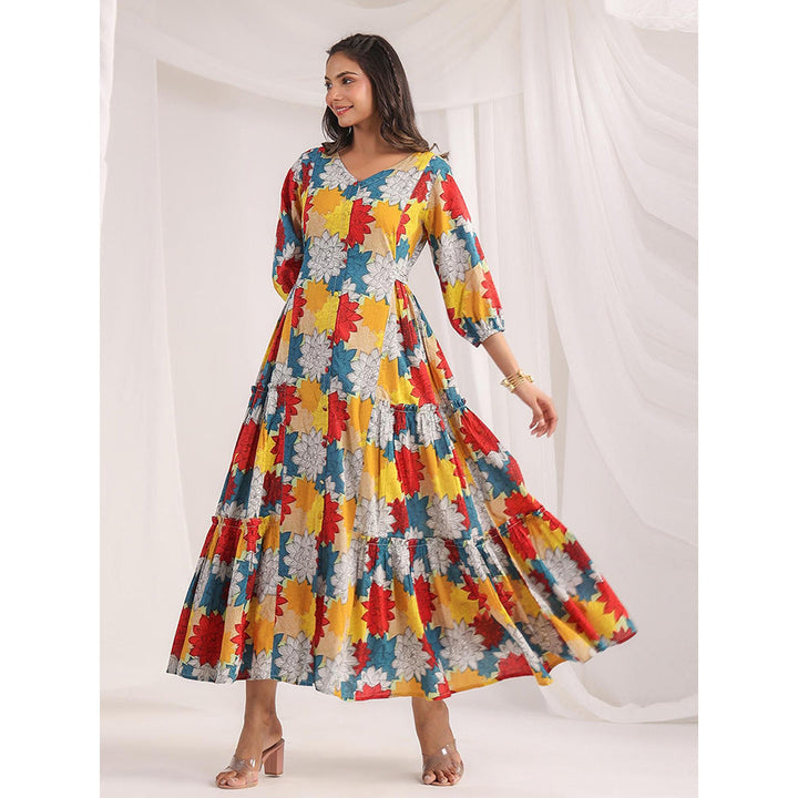Janasya Women's Multicolour Cotton Floral Panelled Flared Dress