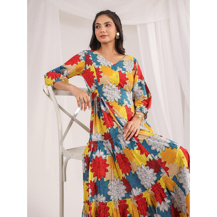 Janasya Women's Multicolour Cotton Floral Panelled Flared Dress