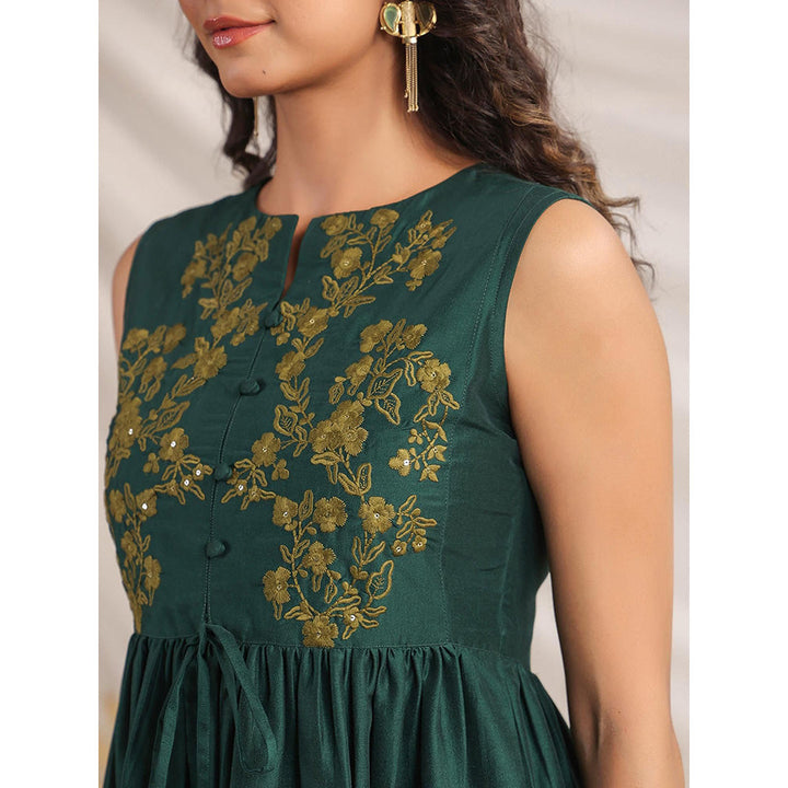 Janasya Women's Green Chinnon Yoke Embroidery Fit & Flare Co-ord (Set of 2)