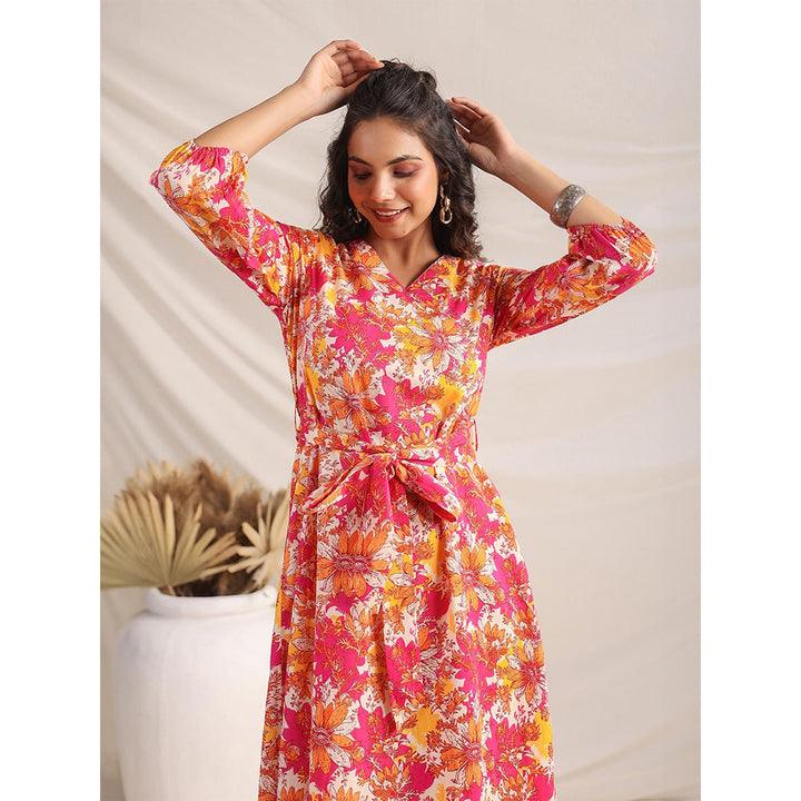Janasya Women's Multicolour Cotton Floral A-Line Dress with Belt (Set of 2)