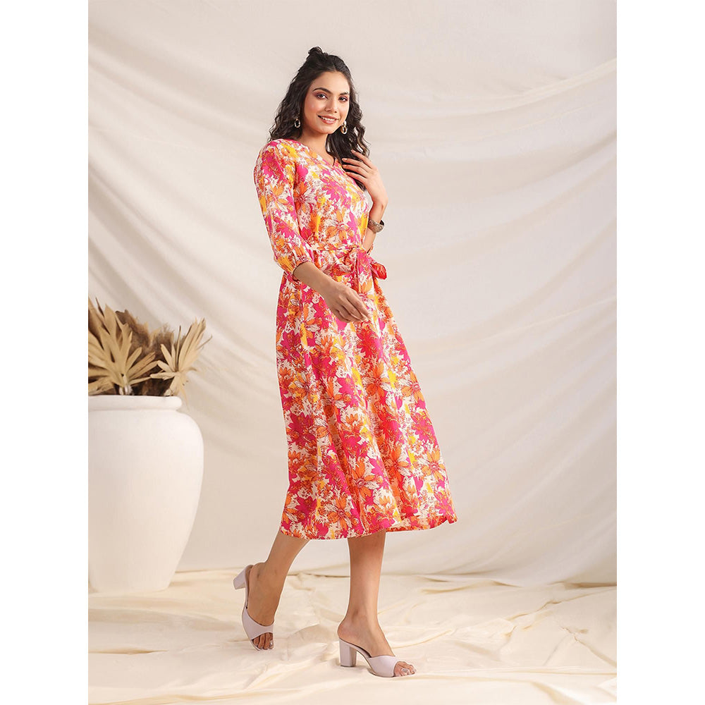 Janasya Women's Multicolour Cotton Floral A-Line Dress with Belt (Set of 2)