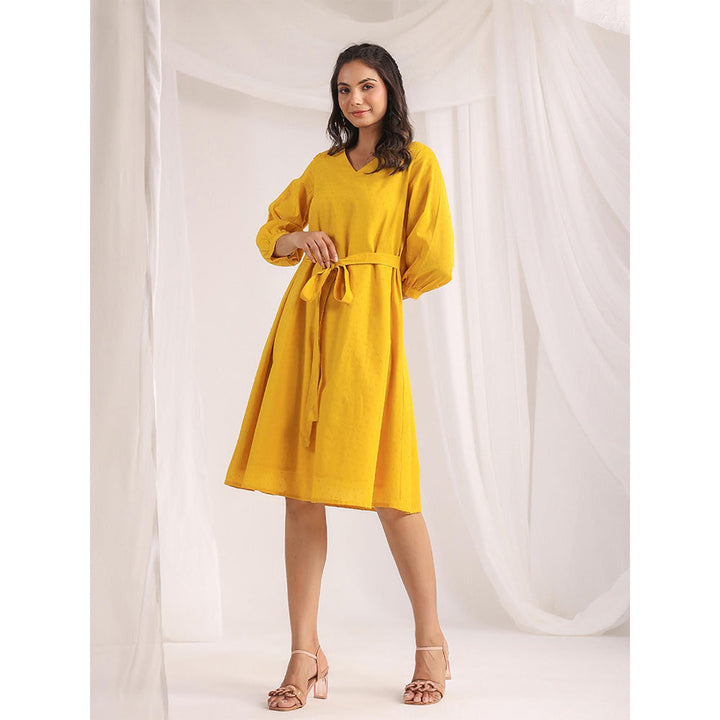 Janasya Women's Yellow Dobby Cotton Self Design A-Line Dress (Set of 2)