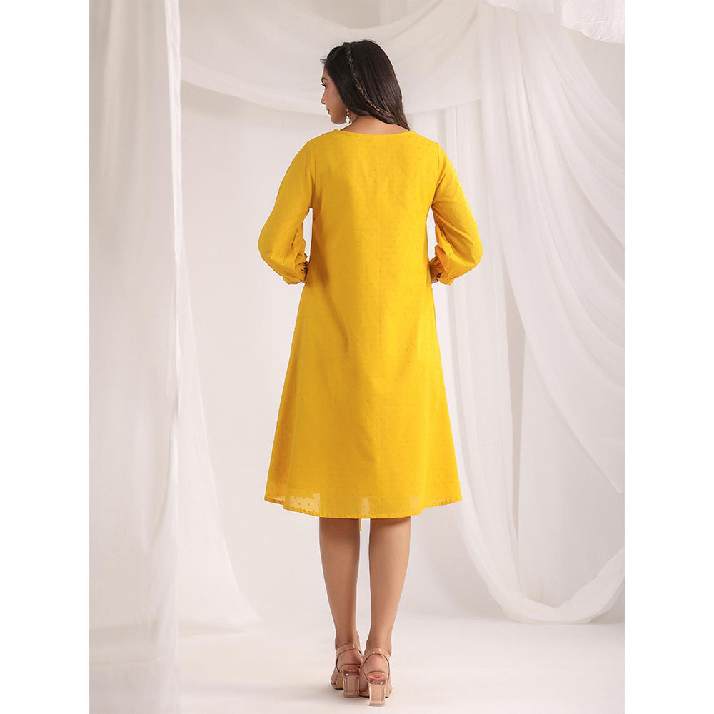 Janasya Women's Yellow Dobby Cotton Self Design A-Line Dress (Set of 2)