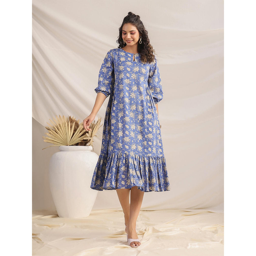 Janasya Women's Blue Cotton Floral Fit & Flare Dress
