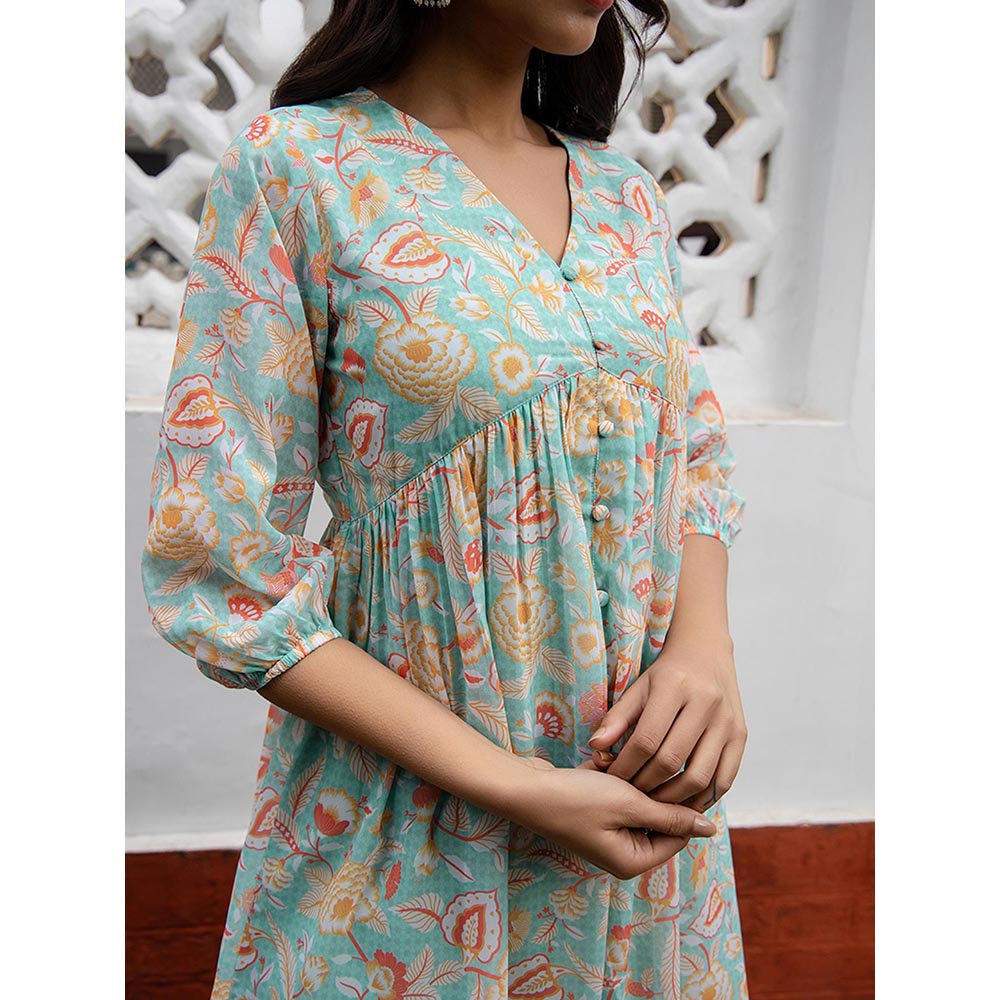 Janasya Women's Sea Blue Georgette Floral Gathered Tunic