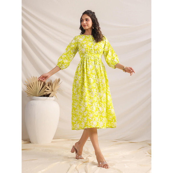 Janasya Women's Green Cotton Floral Gathered Dress