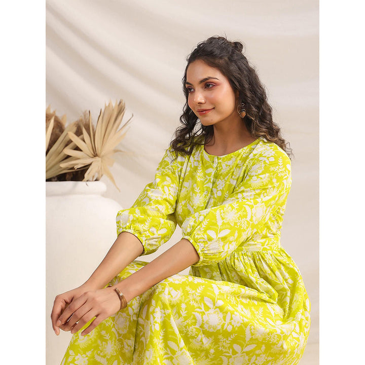 Janasya Women's Green Cotton Floral Gathered Dress