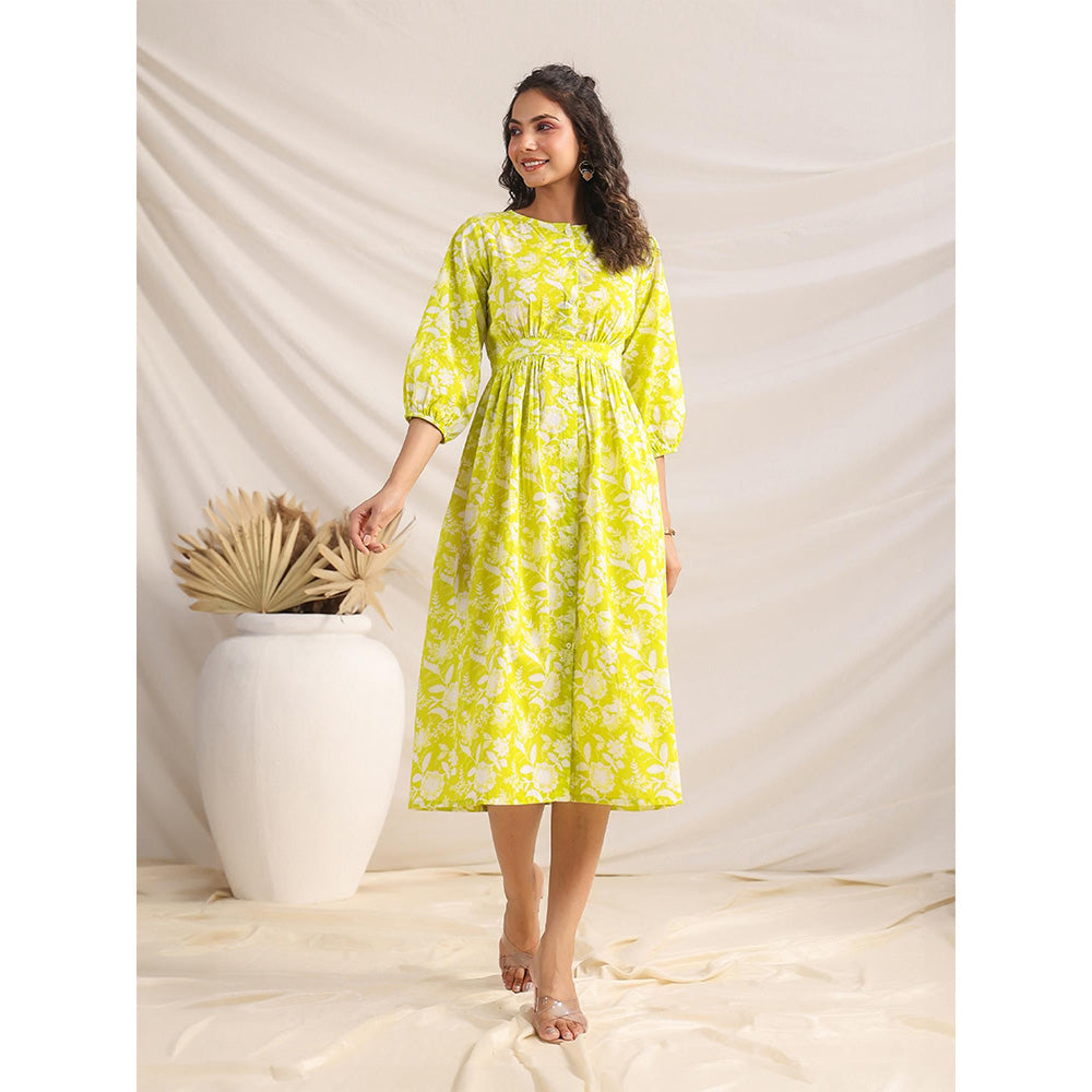 Janasya Women's Green Cotton Floral Gathered Dress