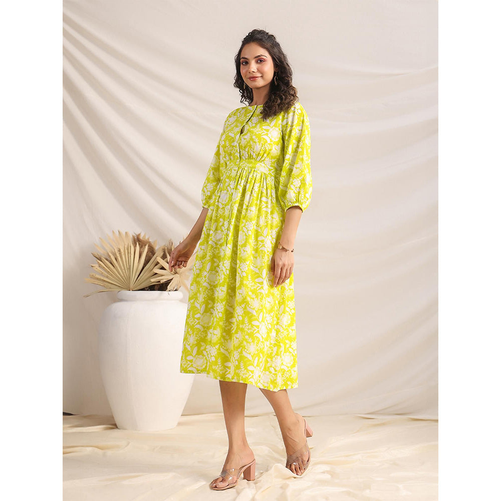 Janasya Women's Green Cotton Floral Gathered Dress