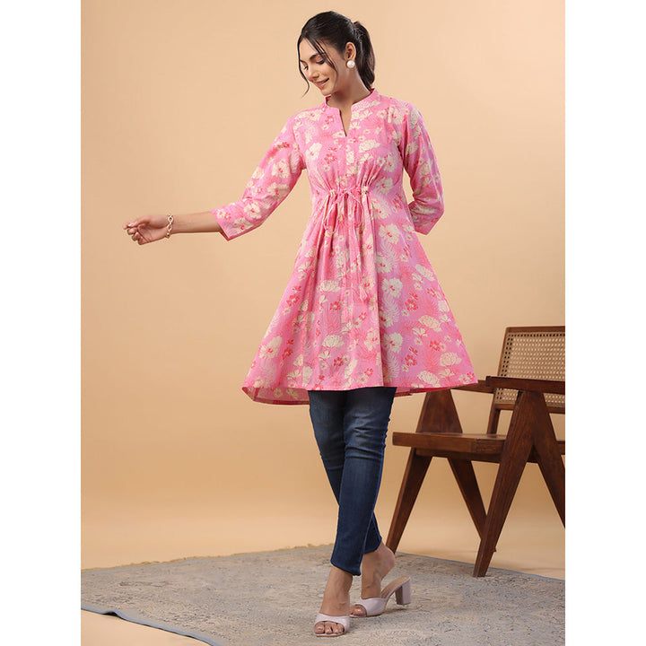 Janasya Women Pink Cotton Floral A-Line Tunic