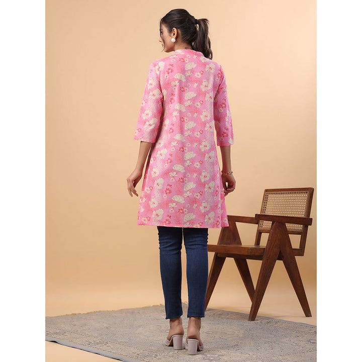 Janasya Women Pink Cotton Floral A-Line Tunic