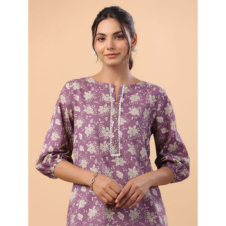 Janasya Women Purple Cotton Floral Tunic