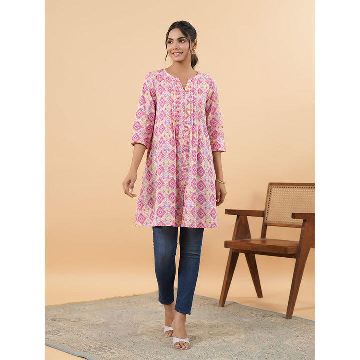 Janasya Women Pink Cotton Ikkat Pleated Tunic