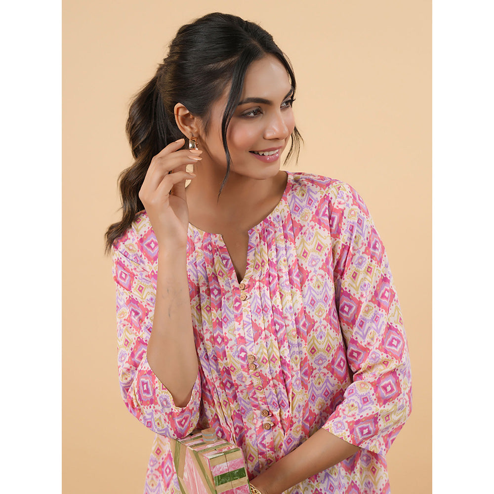 Janasya Women Pink Cotton Ikkat Pleated Tunic