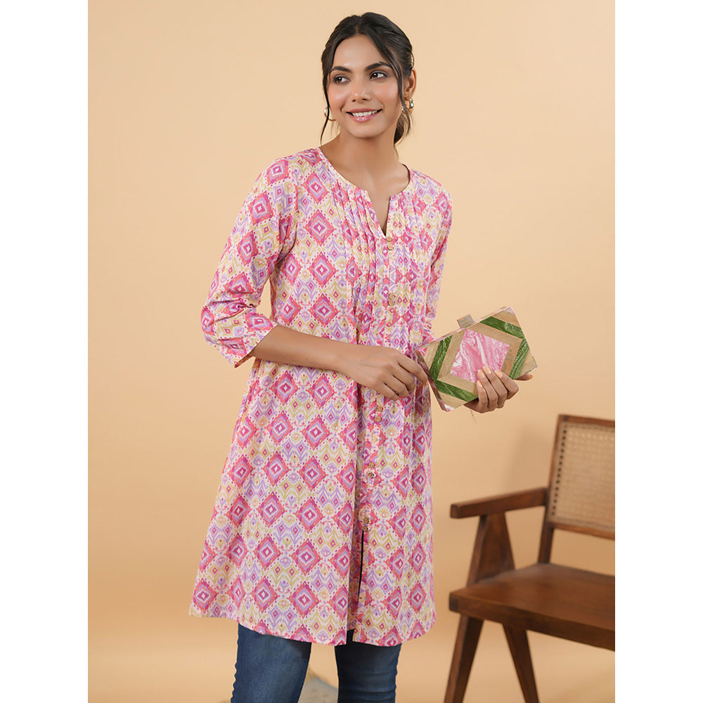 Janasya Women Pink Cotton Ikkat Pleated Tunic