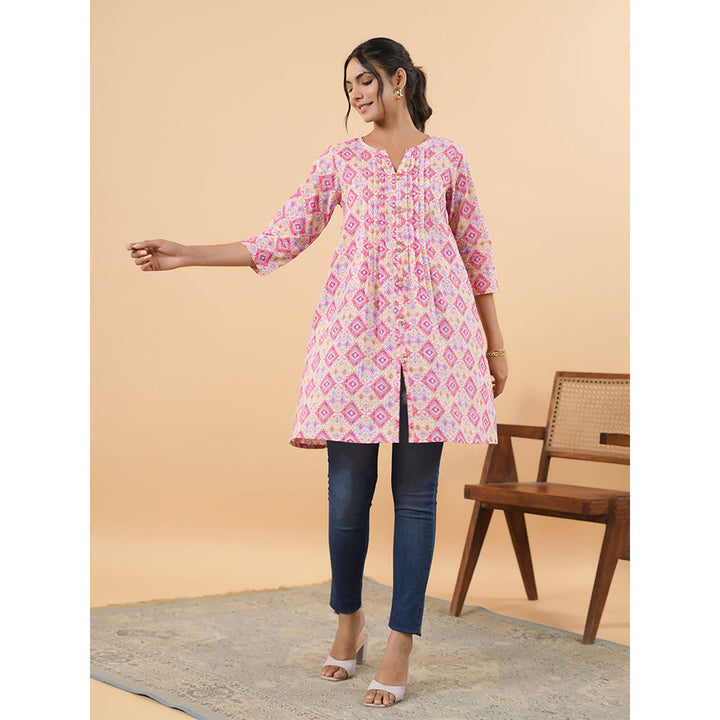 Janasya Women Pink Cotton Ikkat Pleated Tunic