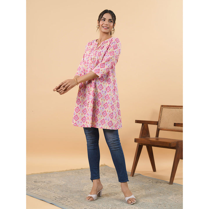 Janasya Women Pink Cotton Ikkat Pleated Tunic