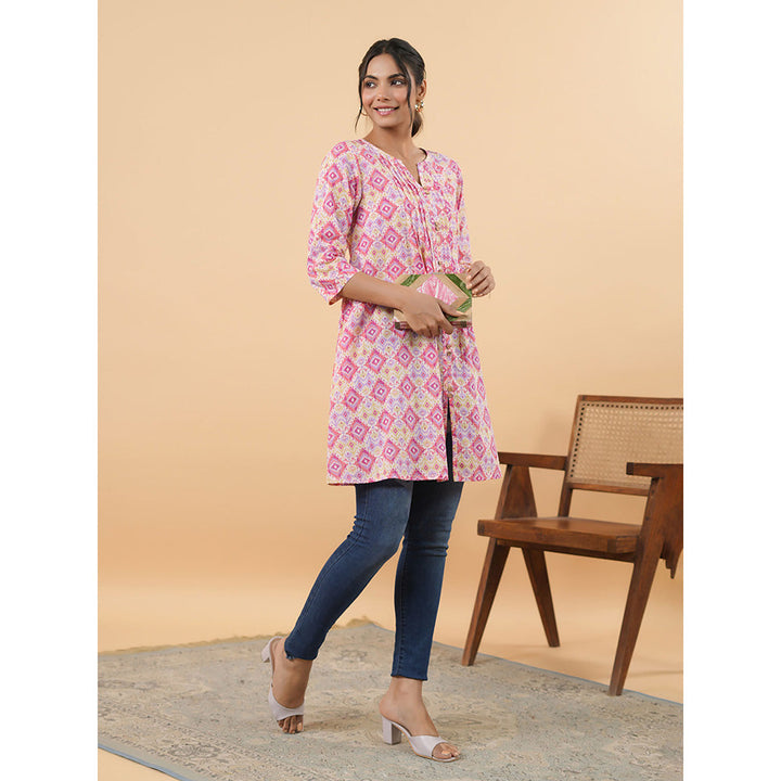 Janasya Women Pink Cotton Ikkat Pleated Tunic