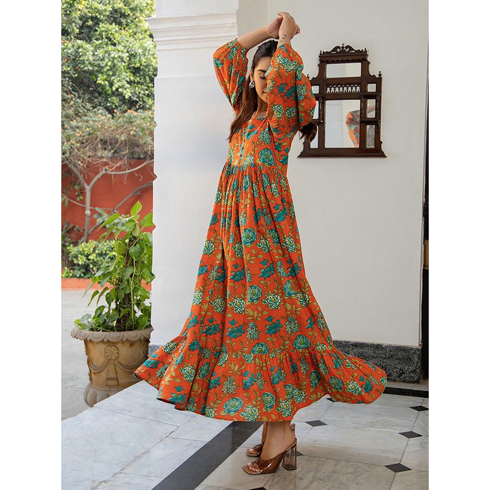 Janasya Womens Rust Cotton Floral Fit & Flare Dress