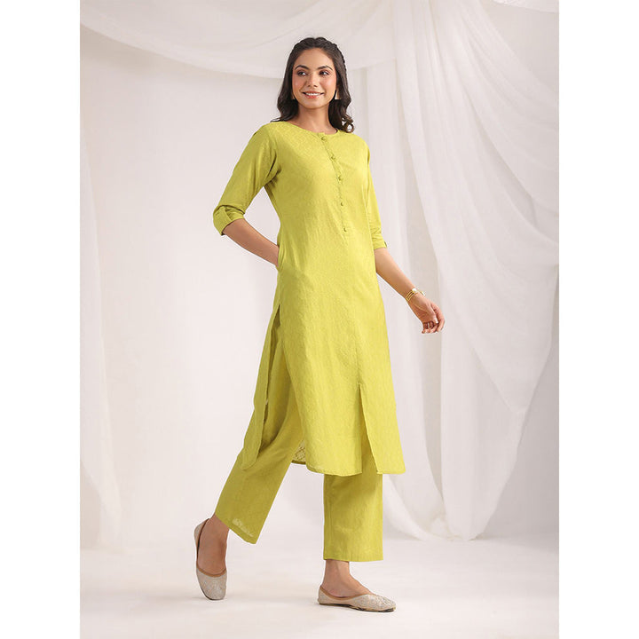 Janasya Womens Green Cotton Jacquard Regular Co-Ord (Set of 2)