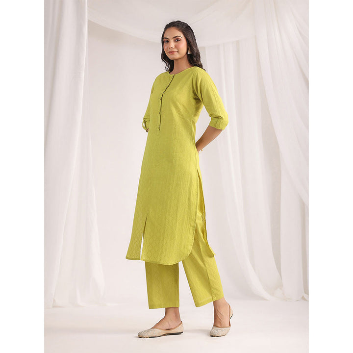 Janasya Womens Green Cotton Jacquard Regular Co-Ord (Set of 2)