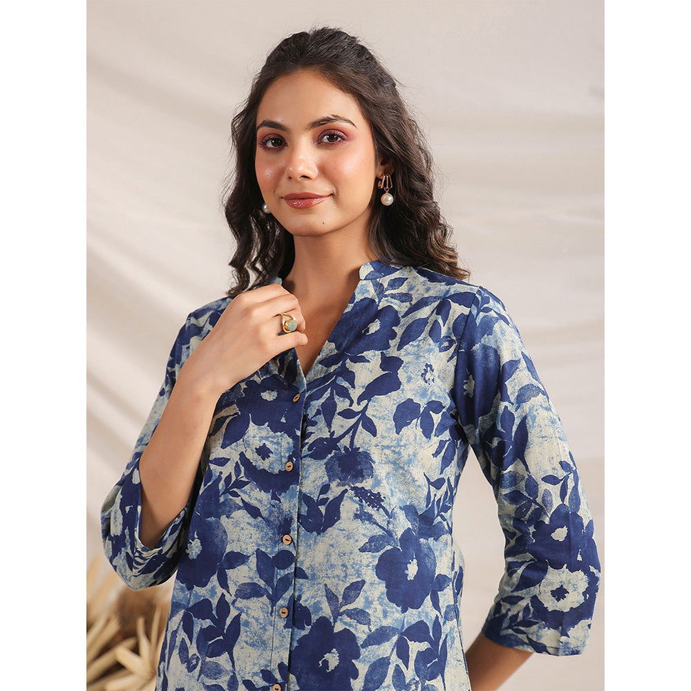 Janasya Womens Blue Cotton Floral Regular Co-Ord (Set of 2)