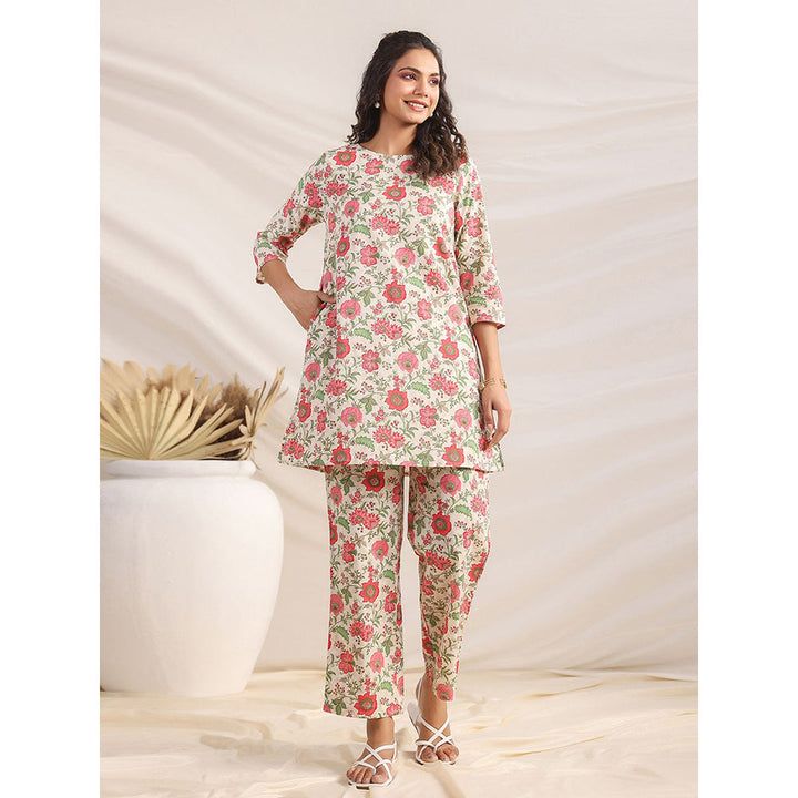 Janasya Womens Off White Cotton Floral A-Line Co-Ord (Set of 2)